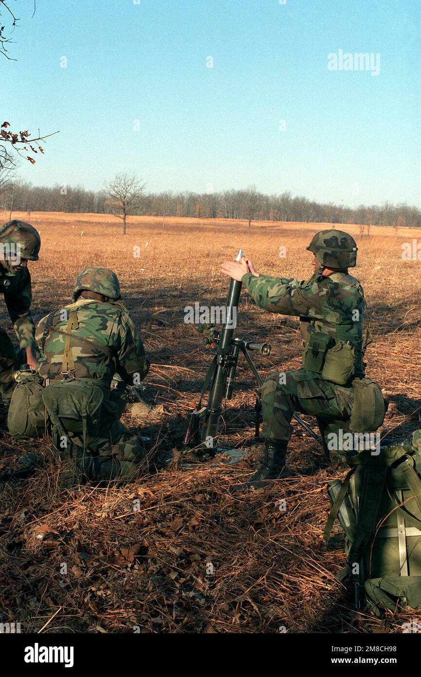 Un soldato da 2nd BN., 502nd INF. Regt., 101st Div. A bordo dell'aria, cade un tondo in un mortaio M-224 60mm durante un esercizio di fuoco vivo. Base: Fort Campbell Stato: Kentucky (Kentucky) Nazione: Stati Uniti d'America (USA) Foto Stock