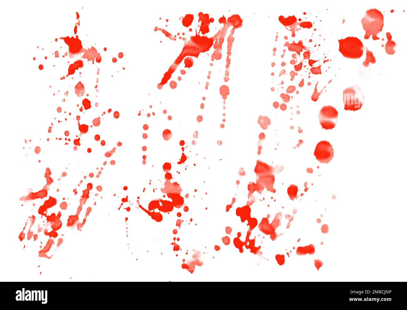 Macchie di spruzzi di sangue rosso su sfondo bianco Foto Stock