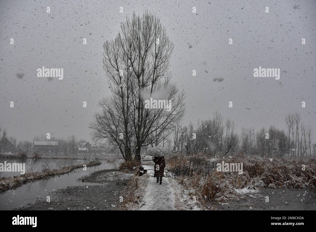 Un uomo tiene un ombrello mentre cammina attraverso il ponte pedonale della strada durante le nevicate. Parti della valle di Kashmir compreso Srinagar ha ricevuto nevicate che portano alla chiusura della vitale Srinagar-Jammu autostrada nazionale e la cancellazione delle operazioni di volo, funzionari qui ha detto. Foto Stock