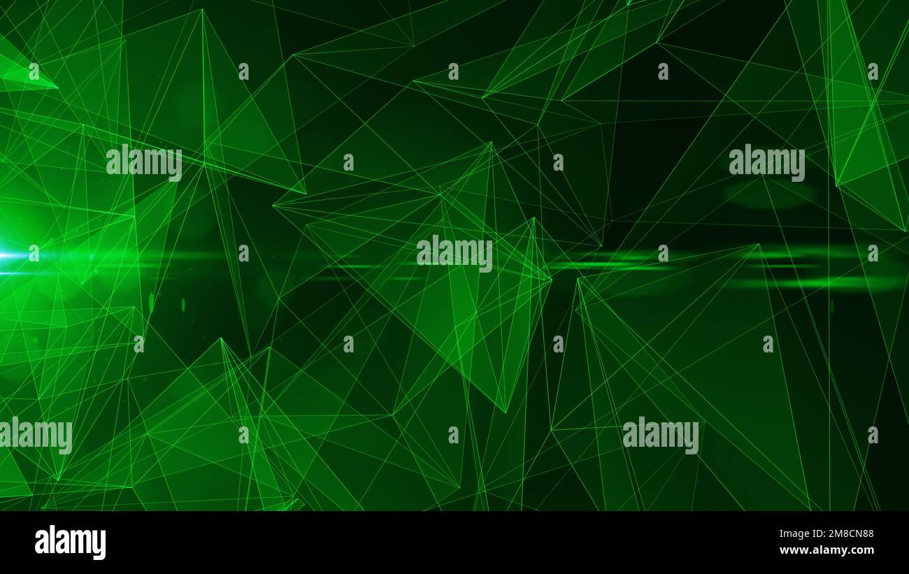 Verde futuristico sfondo neon. Sfondo astratto creativo, corpi geometrici in vetro. Facce triangolari trasparenti. Rendering 3D. Foto Stock