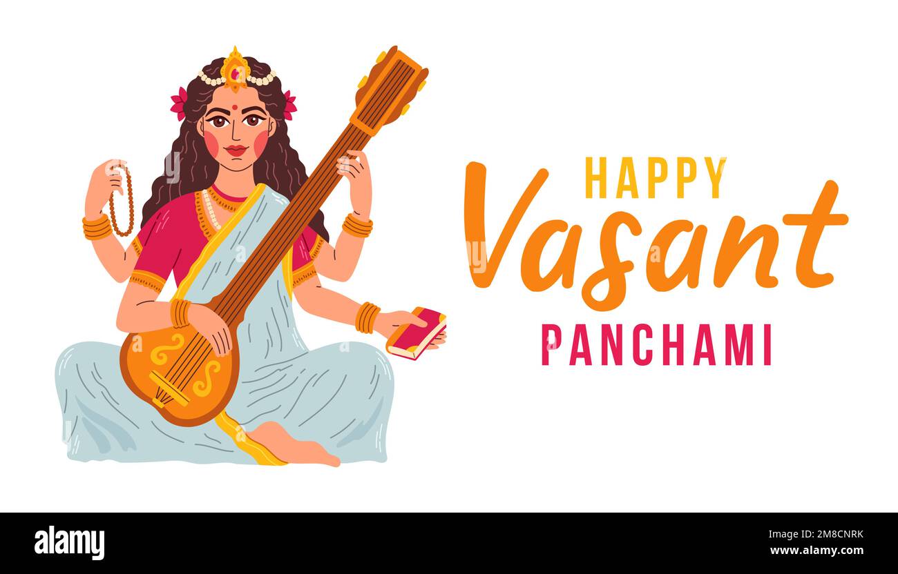Vasant Panchami India festival, Dea della saggezza Maa Saraswati, felice Vasant Panchami illustrazione vettore Illustrazione Vettoriale