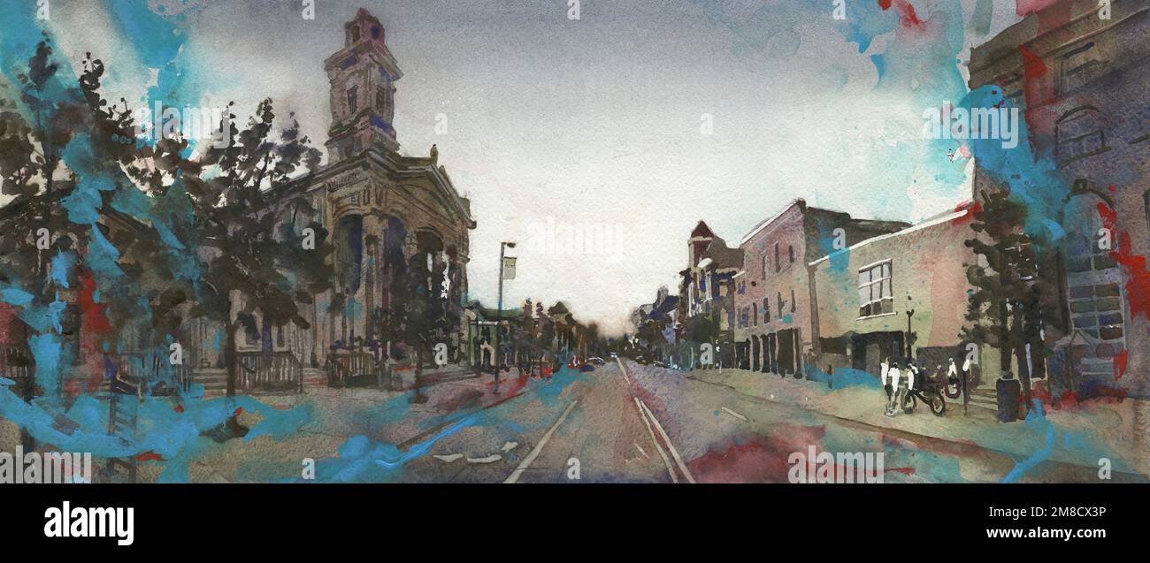 Chillicothe, Ohio centro storico. Acquerello dipinto Chillicothe OH Downtown skyline arte architettura Foto Stock