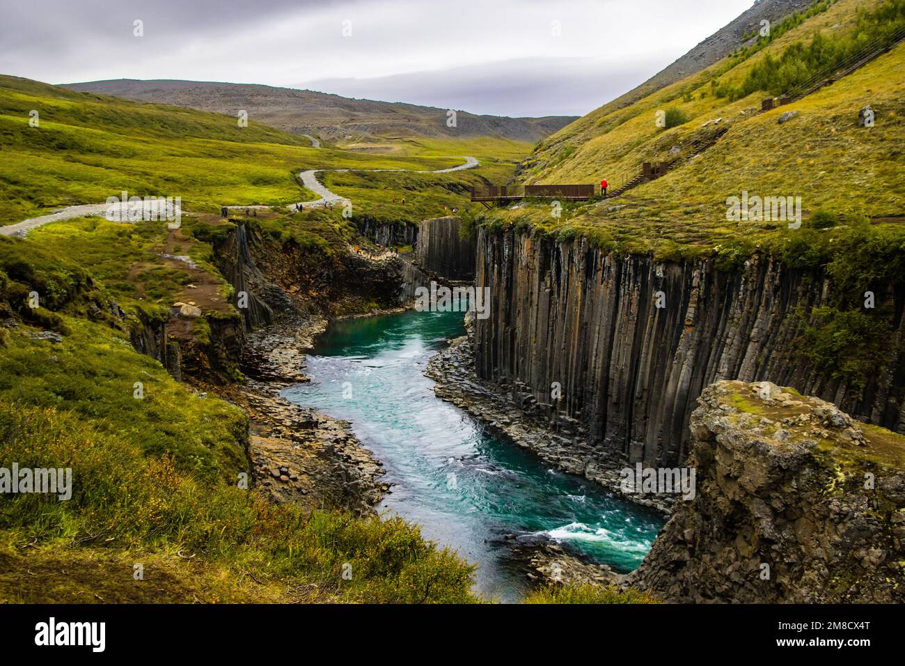 Studlafoss e Studlagil basalto Rock colonne Canyon paesaggio drammatico fiume a Jokuldalur, Islanda Foto Stock