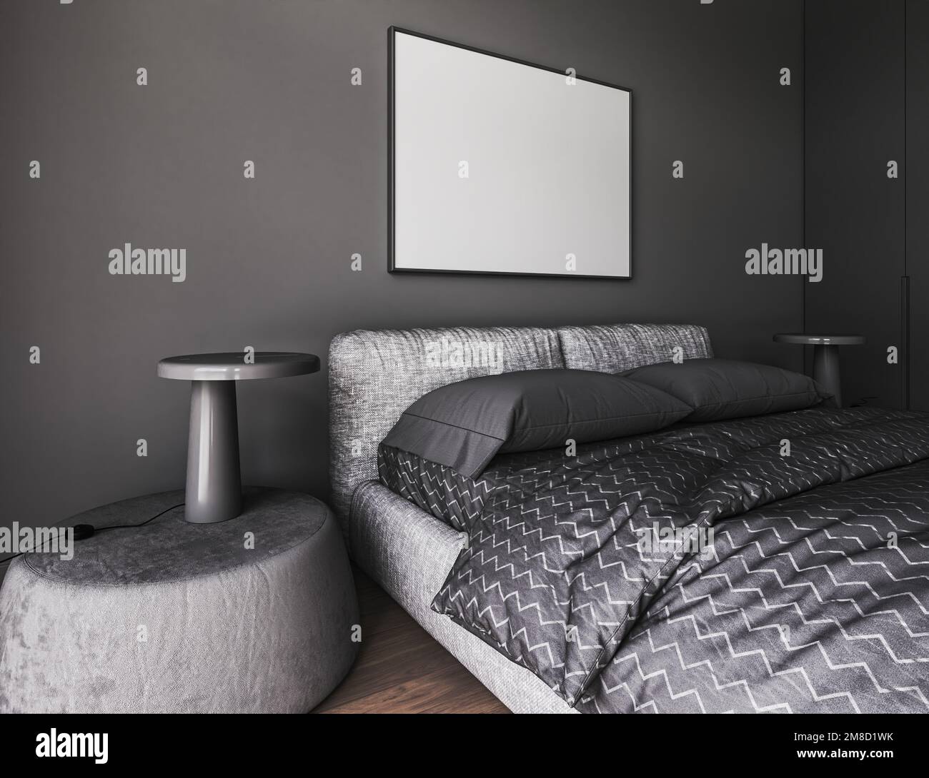Camera da letto grigia. Letto su pavimento in legno scuro. Design  minimalista della camera da letto