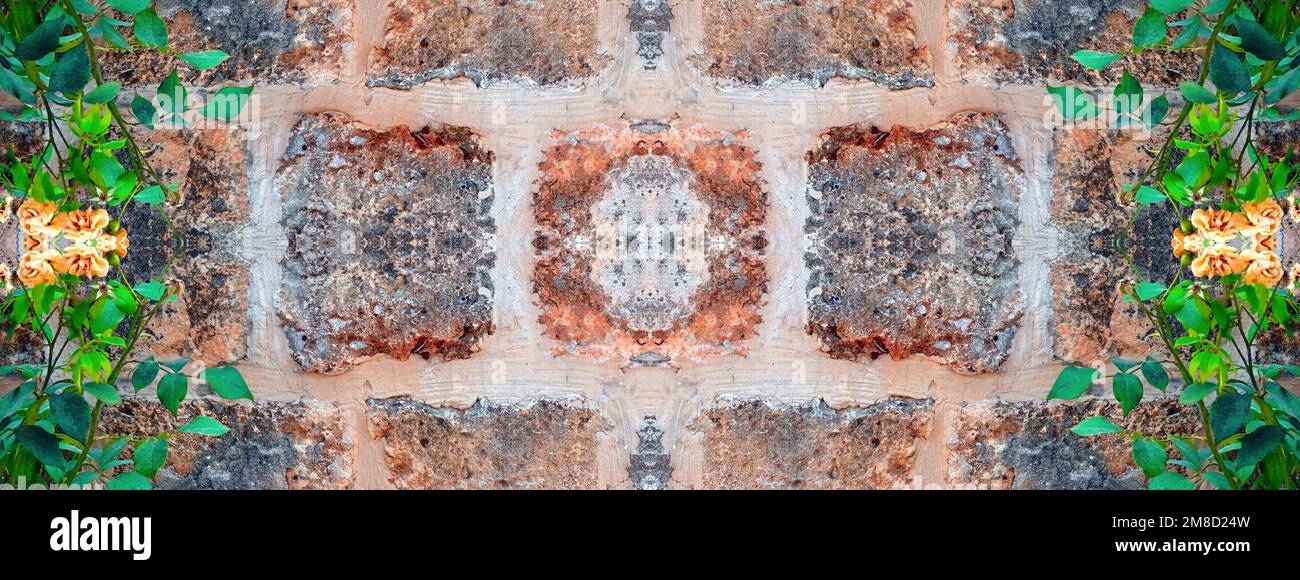 Modello di mattone largo. Foto di sfondo simmetrico della vecchia Stonewall d'epoca. Disegno geometrico di pietra e piante. Sfondo astratto Foto Stock