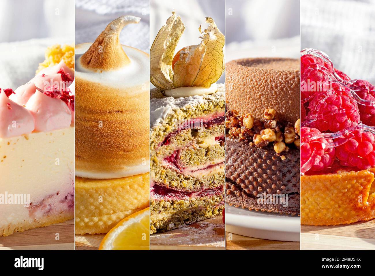 Diversi dessert dolci (crostate di limone, cioccolato e lamponi, involtini di meringa e torta Pavlova) si avvicinano come un collage di cibo. Foto Stock