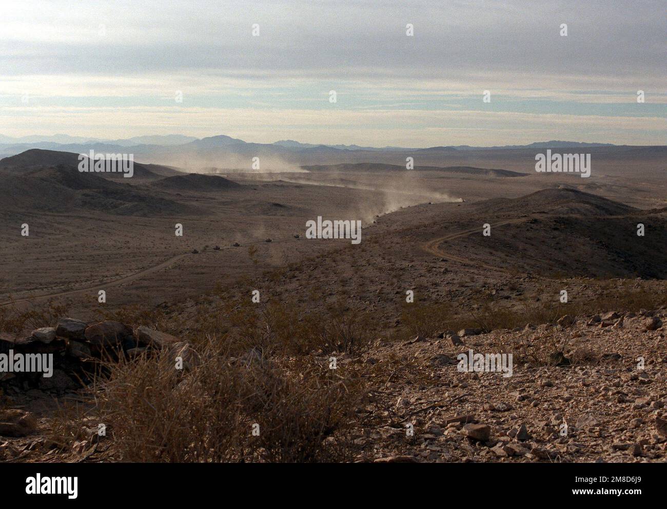 Una colonna di forze opposte (OpFor) veicoli blindati avanza lungo una strada verso un impegno con le forze blu durante un esercizio. Base: Fort Irwin Stato: California (CA) Nazione: Stati Uniti d'America (USA) Foto Stock