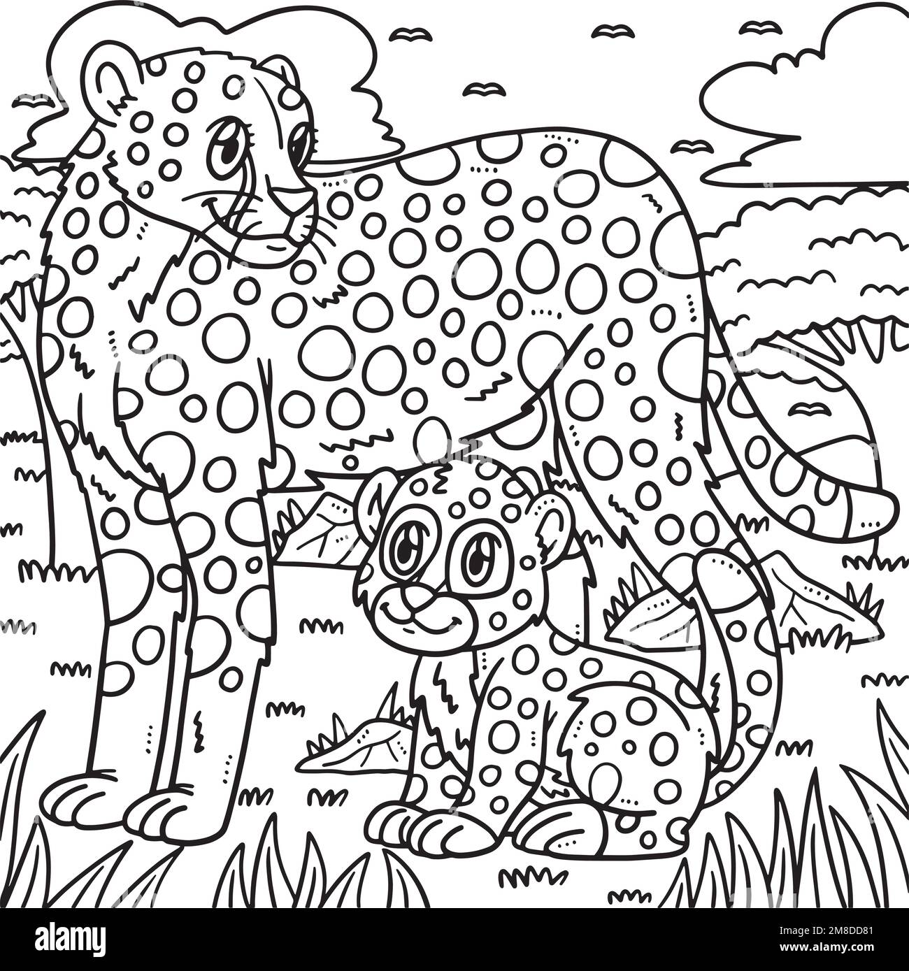 Pagina da colorare di Cheetah della madre e del Cheetah del bambino Illustrazione Vettoriale