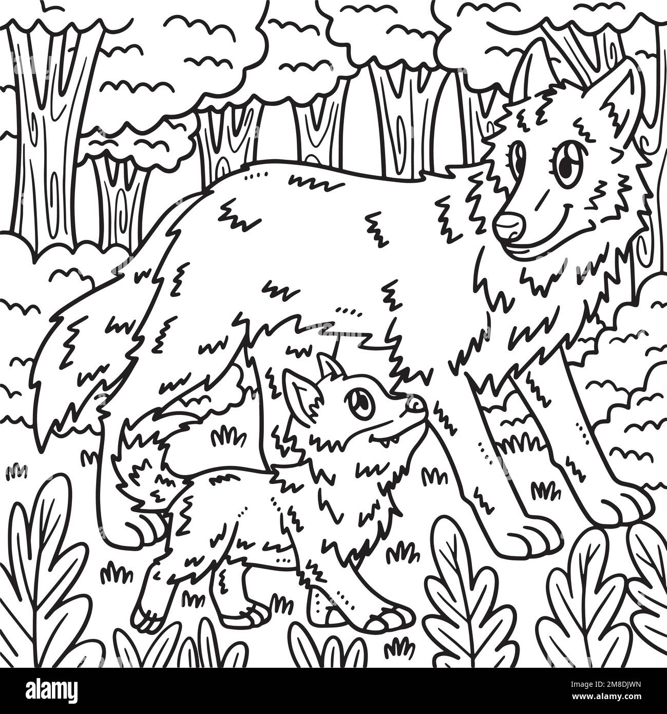 Pagina da colorare di lupo materno e lupo bambino per i bambini Illustrazione Vettoriale