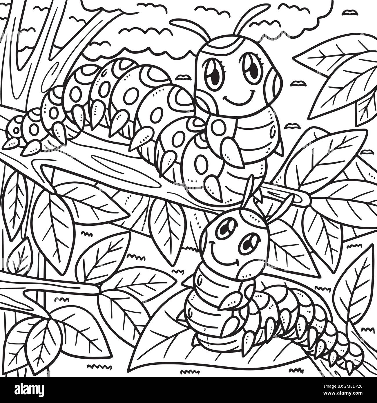 Colorazione di Mother Caterpillar e Baby Caterpillar Illustrazione Vettoriale