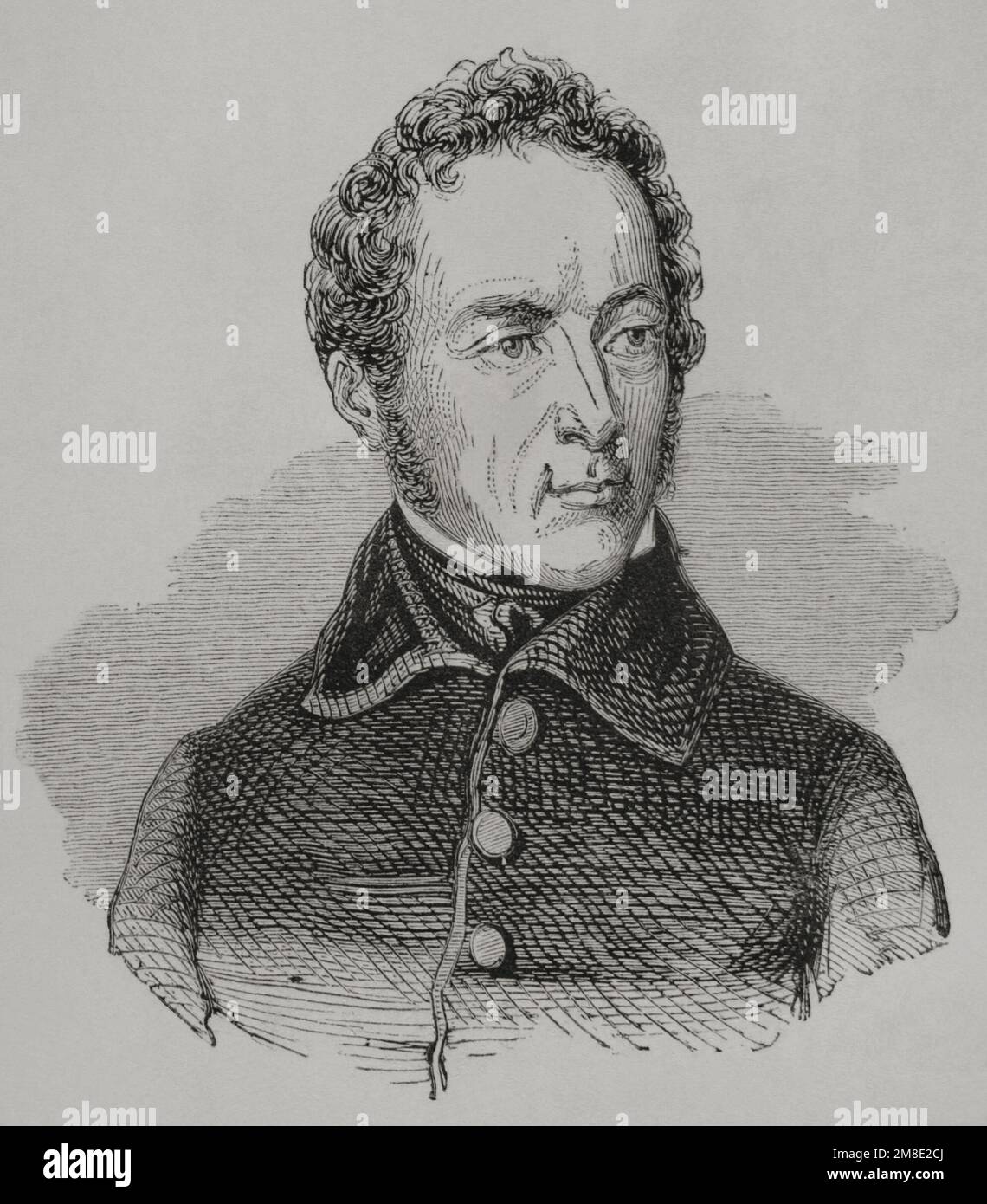 Alphonse de Lamartine (1790-1869). Poeta e statista francese. Nel 1848 è stato nominato Ministro degli Affari Esteri del governo e dal 24 febbraio al 11 maggio 1848 è presidente di un governo provvisorio nella nuova proclamata seconda Repubblica. Abbandonò la politica dopo il colpo di Stato di Napoleone III nel 1851. Verticale. Incisione. "Los Heroes y las Grandezas de la Tierra" (gli Eroi e i grandiosi della Terra). Volume VI. 1856. Foto Stock