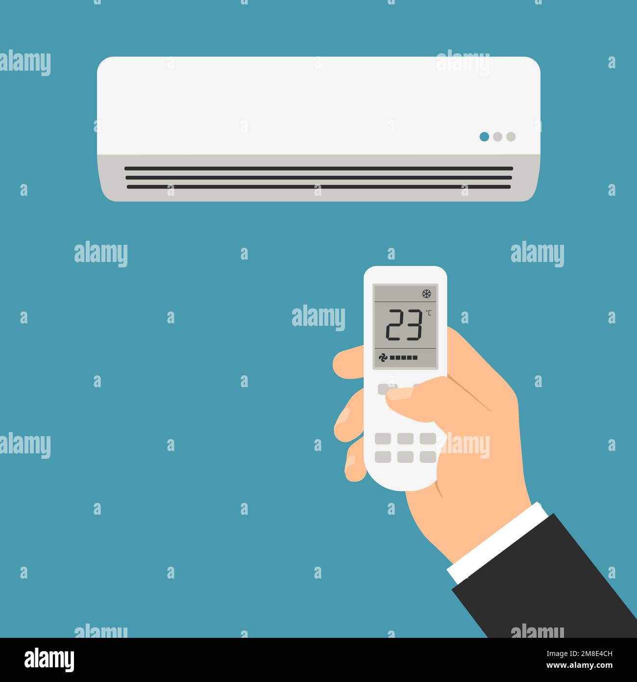 La mano del manager maschile tiene il telecomando del condizionatore d'aria e regola la temperatura ambiente - vettore con sfondo verde Illustrazione Vettoriale