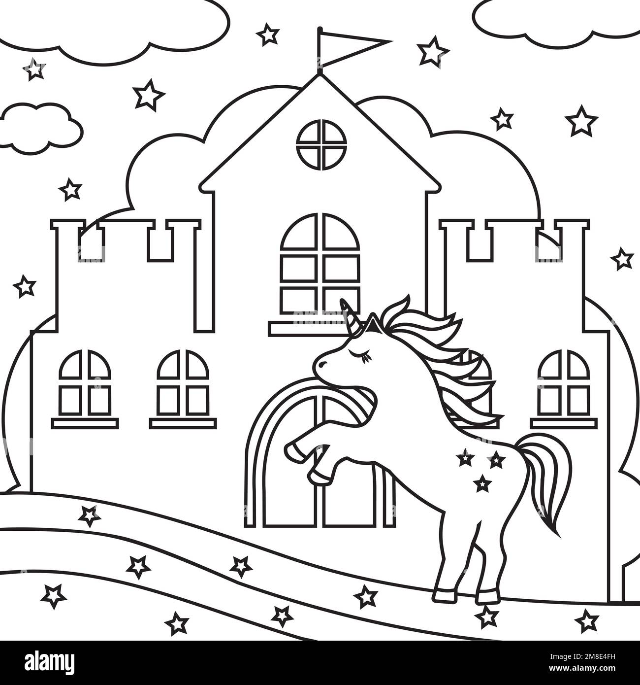 Unicorno al castello della principessa, contorno nero, vettore da colorare. Illustrazione Vettoriale