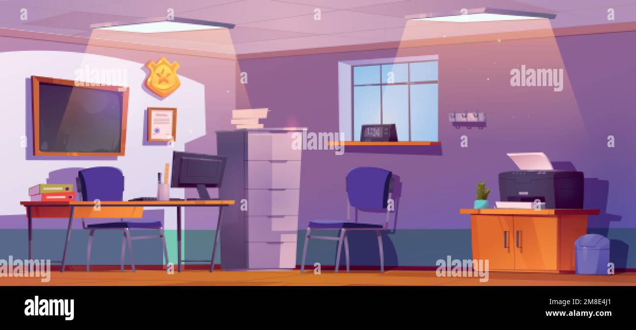 Disegno interno ufficio di polizia. Cartoon vettoriale illustrazione della stanza con scrivania, sedie, lavagna e badge d'oro a parete, casi penali in cartelle, Illustrazione Vettoriale