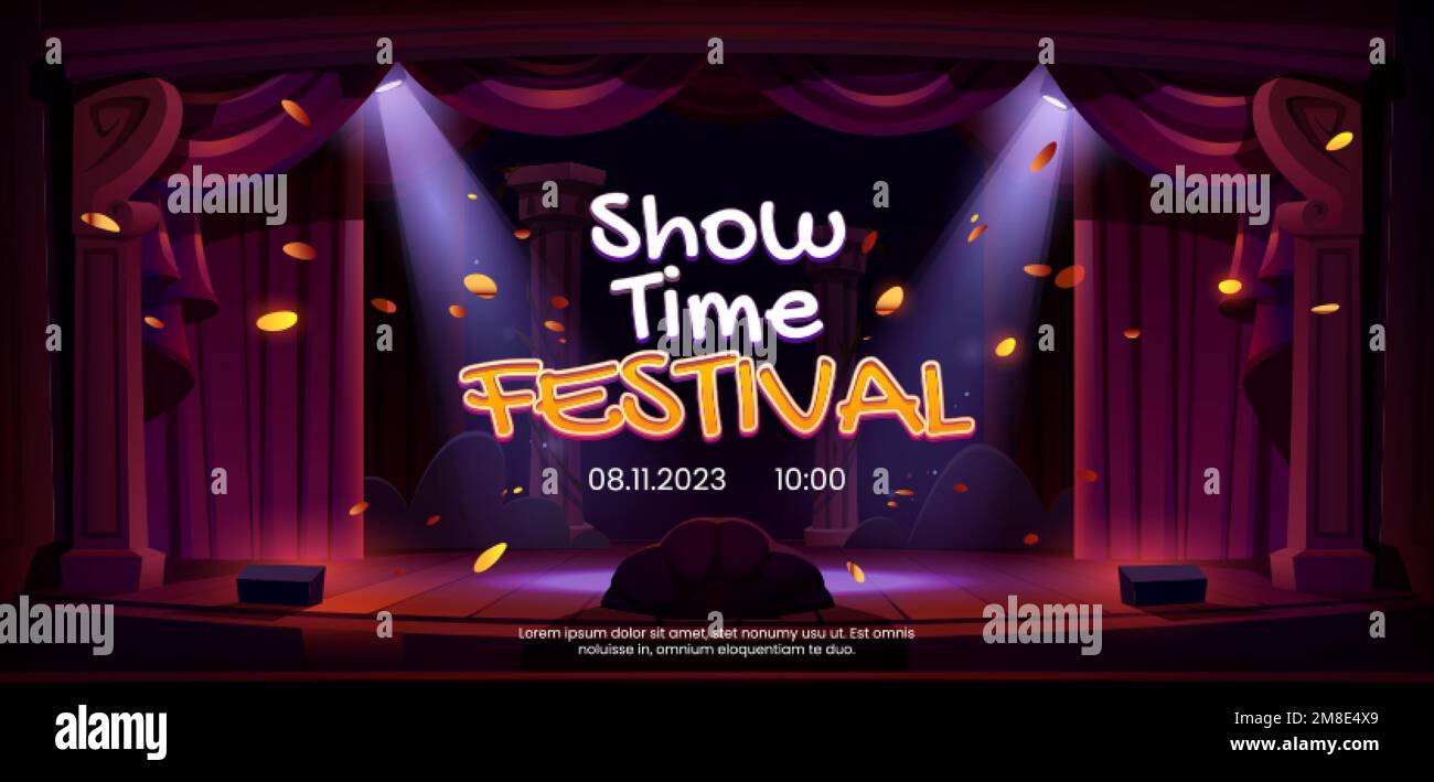 Modello di invito all'evento teatrale. Cartoon vettoriale illustrazione di scritte su sfondo palco decorato con tende rosse classiche, illuminato da Illustrazione Vettoriale