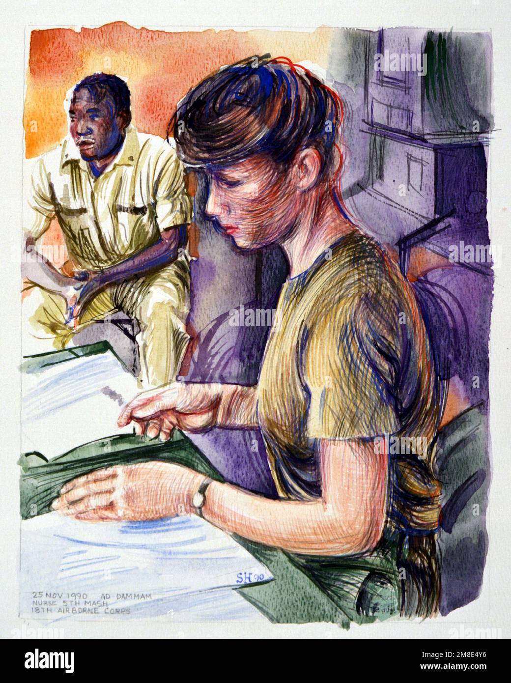 Illustrazione: 'Ad-Dammam Nurse, 5th MASH, XVIII Airborne Corps'- artista: Sieger Hartgers numero di catalogo: 2,7.91. Paese: Sconosciuto Foto Stock