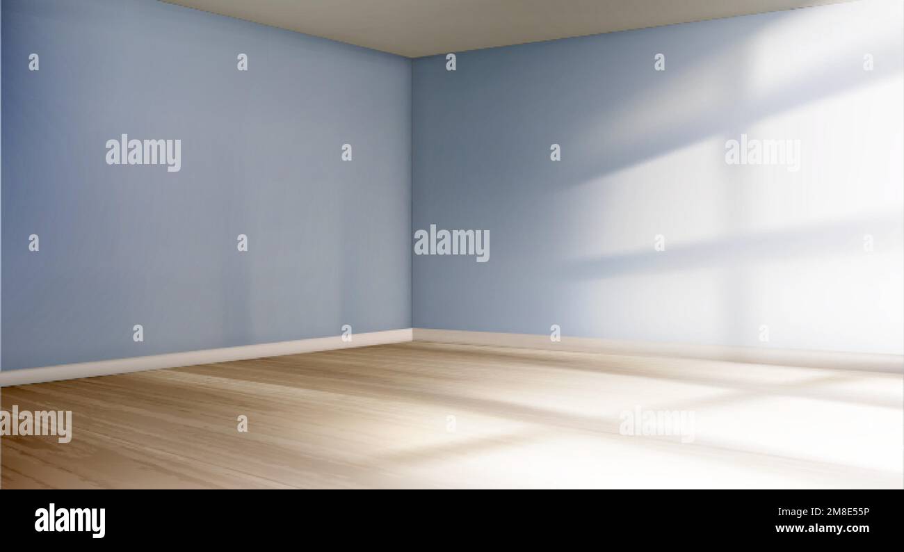 Angolo vuoto con luce e ombre dalla finestra su pareti blu e pavimento in legno. Mockup interno di soggiorno, studio, appartamento o ufficio, vect Illustrazione Vettoriale