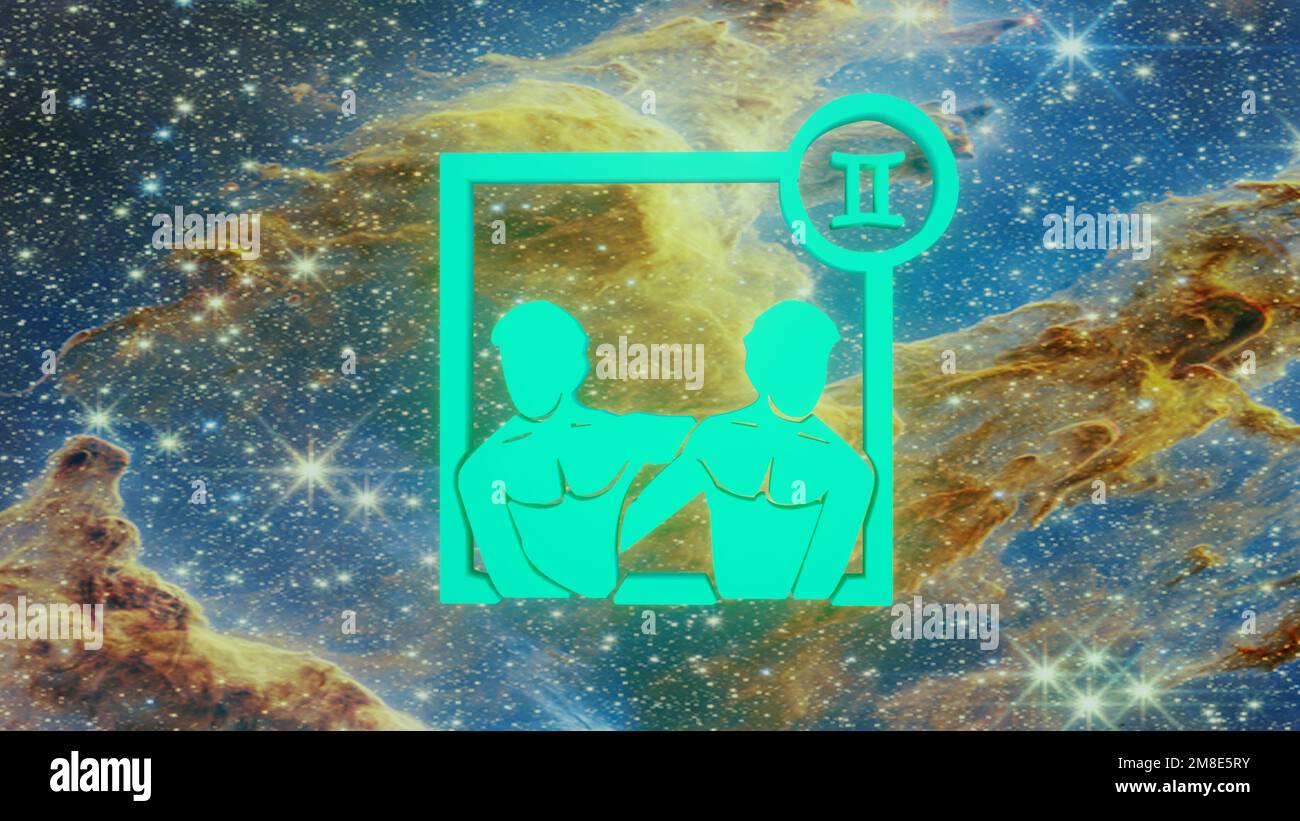 Gemini. Segno zodiacale. Oroscopo. Volo spaziale attraverso la costellazione. Foto Stock