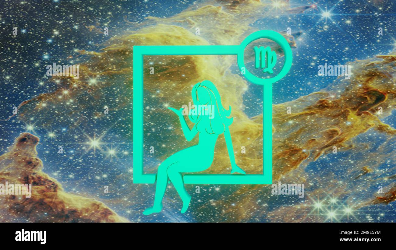 Vergine. Segno zodiacale. Oroscopo. Volo spaziale attraverso la costellazione. Foto Stock