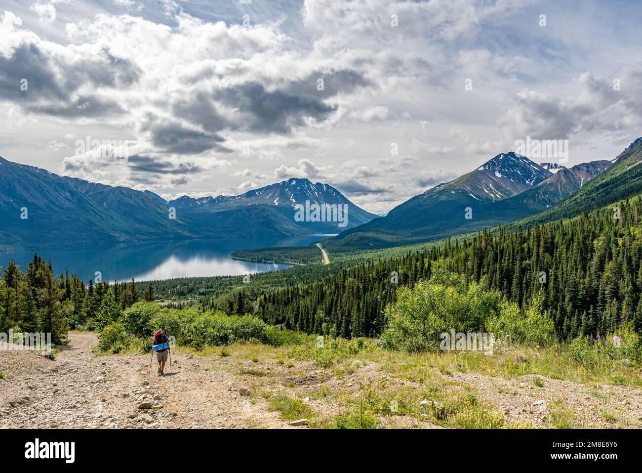 Uomo escursionistico nella zona natura selvaggia all'aperto nel paese posteriore del territorio di Yukon vicino all'Alaska. Foto Stock