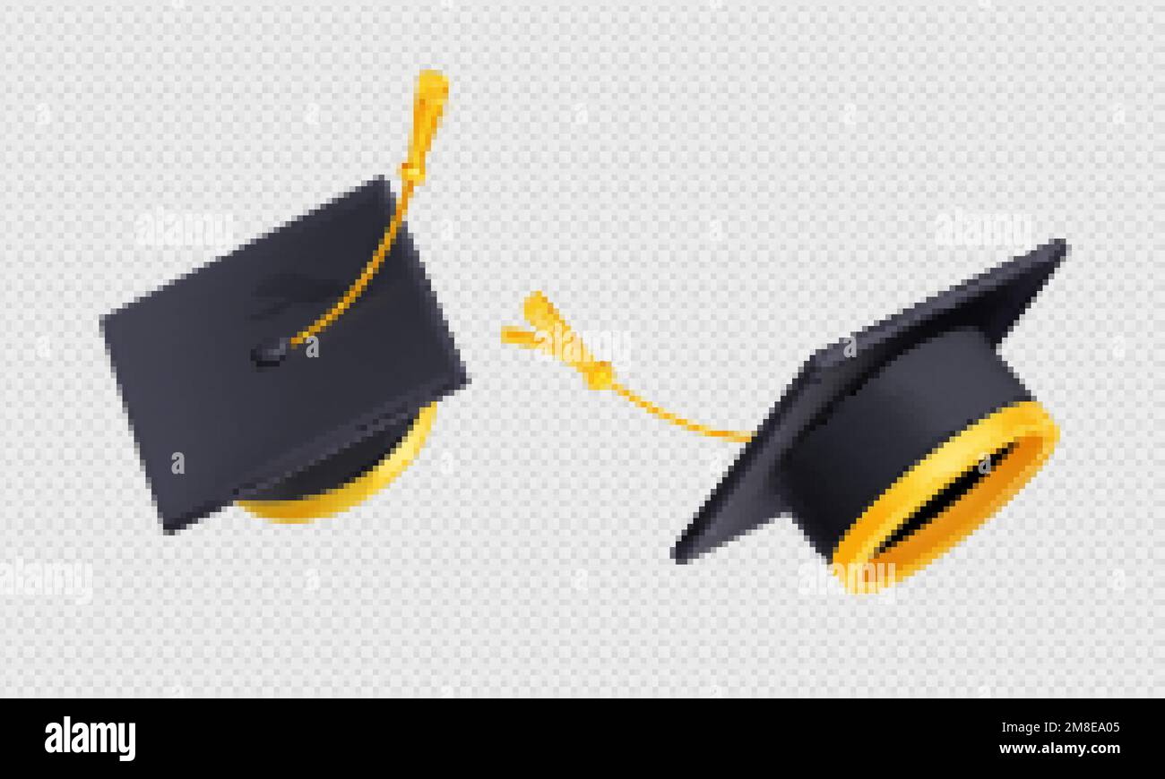 Gettare i tappi graduati in aria. Cappellini neri volanti accademici con nappina gialla isolata su sfondo trasparente, illustrazione vettoriale 3D, angolo Illustrazione Vettoriale
