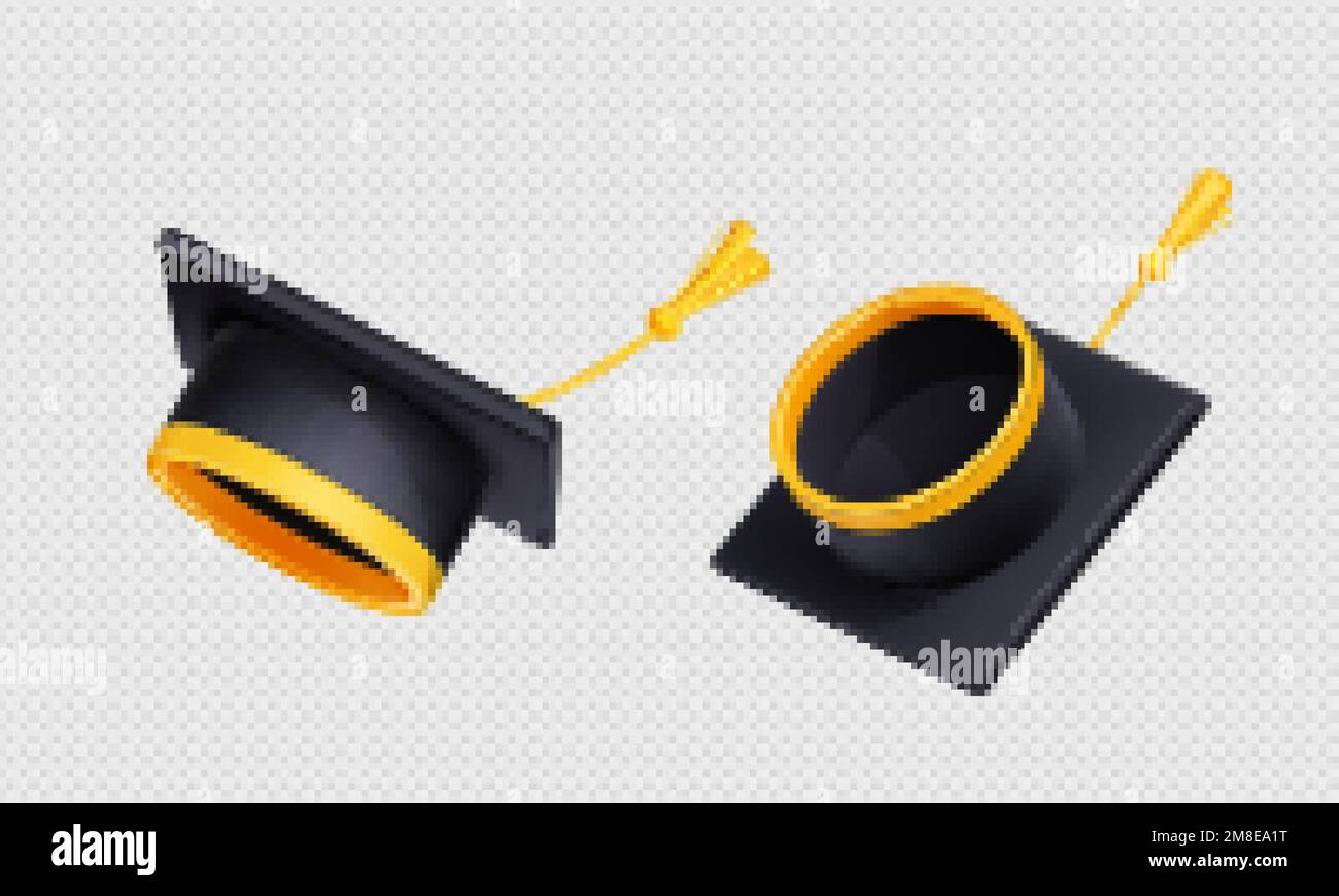 Gettare i tappi graduati in aria. Cappellini neri volanti accademici con nappina gialla isolata su sfondo trasparente, illustrazione vettoriale 3D, angolo Illustrazione Vettoriale