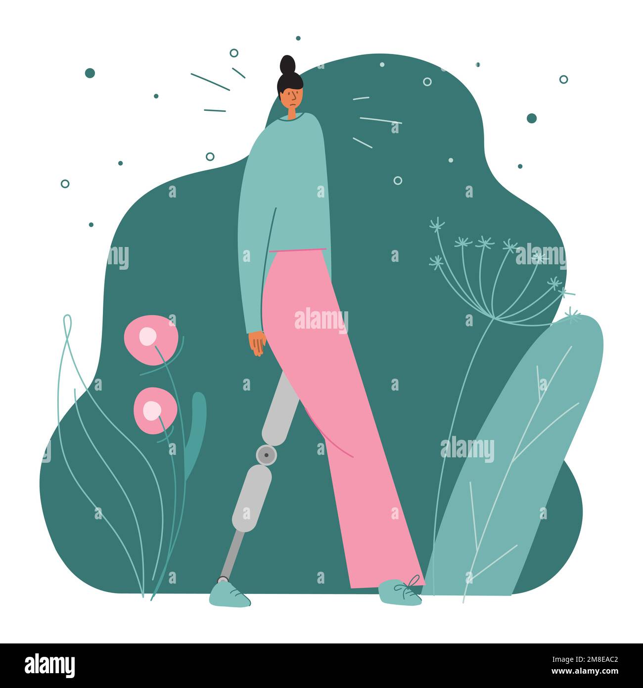 Le donne hanno disabilità e gamba bionica, piede di titanio, impianto o protesi. L'illustrazione del vettore può essere usata per la giornata mondiale della disabilità. Illustrazione Vettoriale