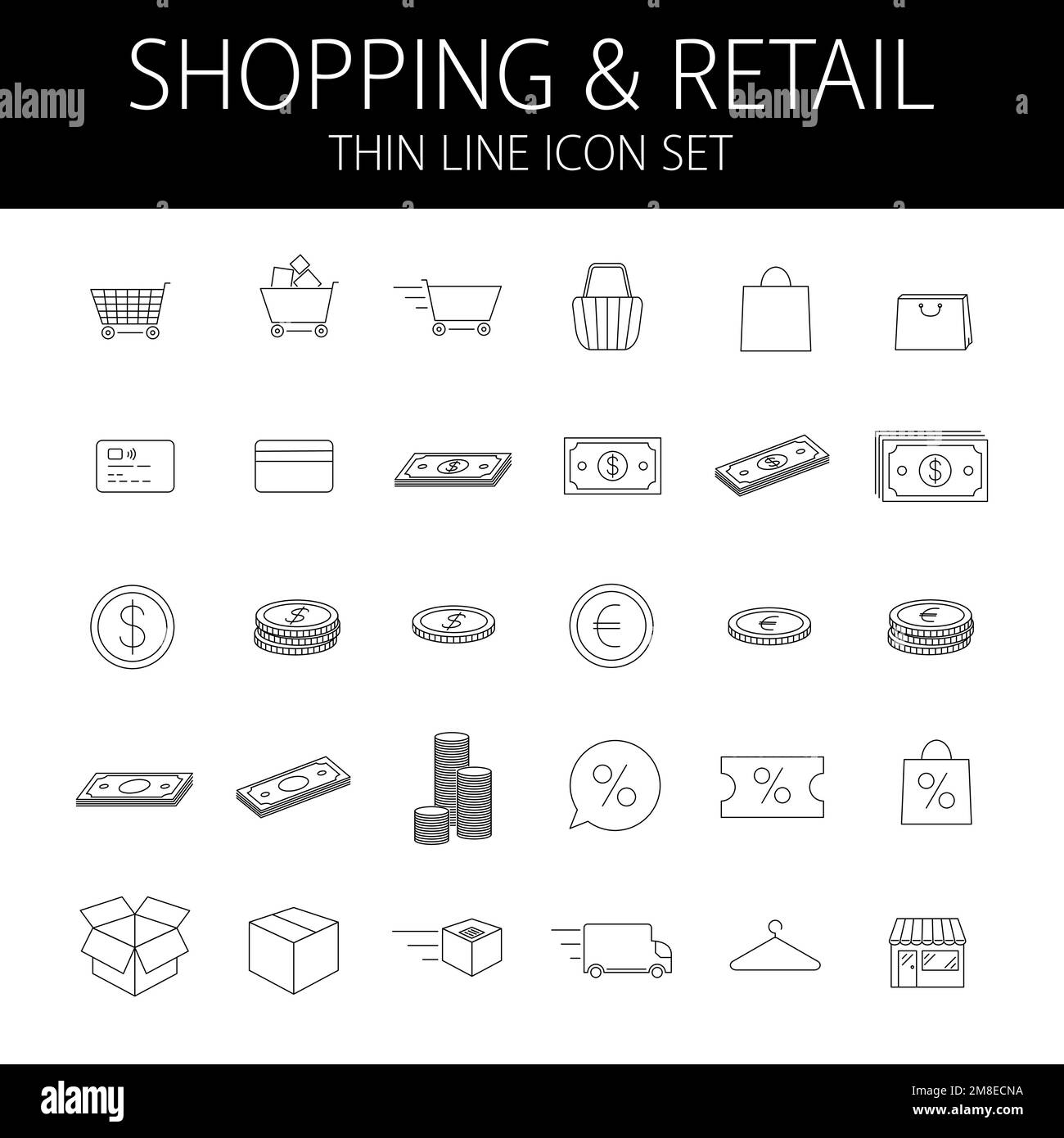 set di icone linea sottile per acquisti e negozi con tratto modificabile, illustrazione vettoriale Illustrazione Vettoriale