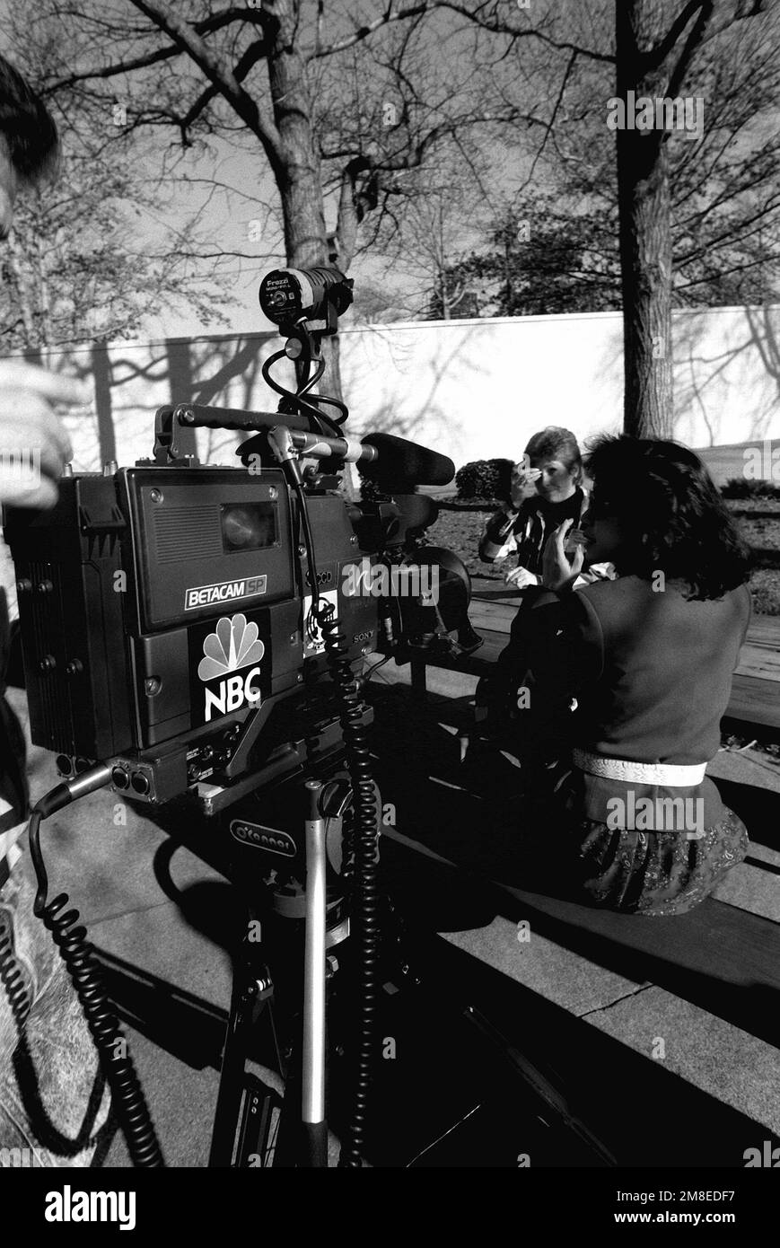 Un'intervista di personalità televisiva locale Tina Wilson, mediatore, presidente, al Centro di Servizio della Famiglia della Marina per quanto riguarda i servizi di supporto disponibili per i dipendenti del personale militare schierati a sostegno dell'operazione Desert Storm. Soggetto operativo/Serie: DESERT STORM base: Naval Air Station, Norfolk Stato: Virginia (VA) Paese: Stati Uniti d'America (USA) Foto Stock