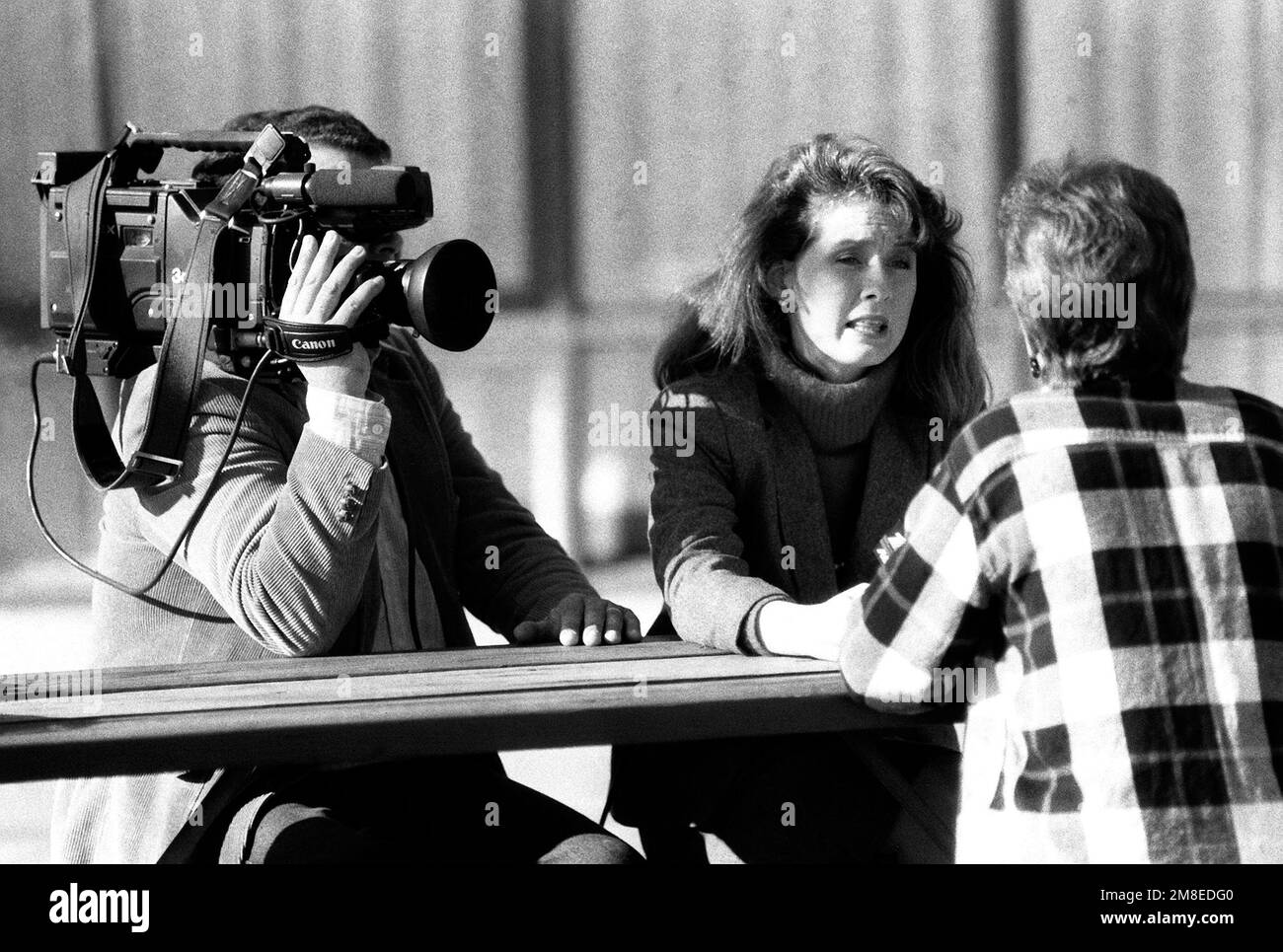 Un'intervista di personalità televisiva locale Tina Wilson, mediatore, presidente, al Centro di Servizio della Famiglia della Marina per quanto riguarda i servizi di supporto disponibili per i dipendenti del personale militare schierati a sostegno dell'operazione Desert Storm. Soggetto operativo/Serie: DESERT STORM base: Naval Air Station, Norfolk Stato: Virginia (VA) Paese: Stati Uniti d'America (USA) Foto Stock