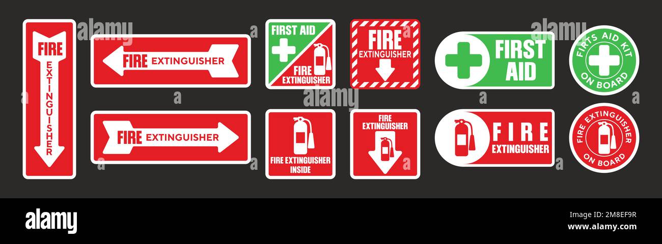 Set di adesivi vettoriali per estintori di pronto soccorso. Diverse etichette di segnalazione di pronto soccorso per estintori isolate su sfondo nero. Illustrazione Vettoriale