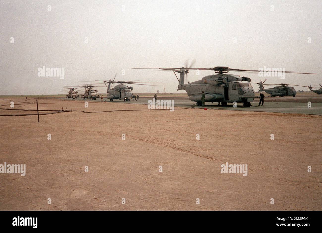 I membri del Marine Aircraft Group 26 (MAG-26) rifornire gli elicotteri CH-53E Super Stallion al Lonesome dove Expeditionary Airfield durante l'operazione Desert Storm. Soggetto operativo/Serie: TEMPESTA DEL DESERTO Paese: Arabia Saudita (SAU) Foto Stock