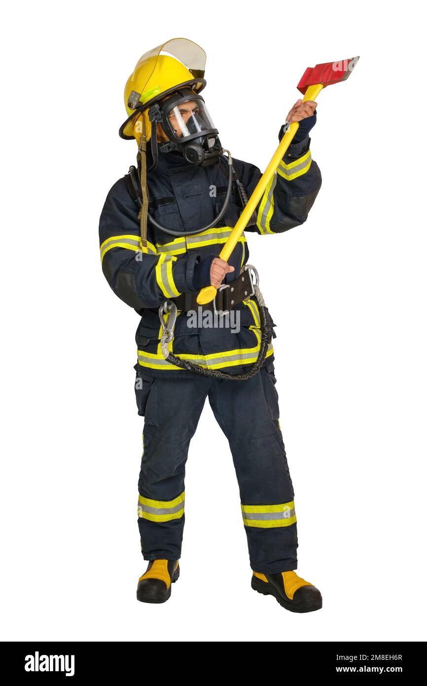 Pompiere in uniforme con ascia Foto Stock