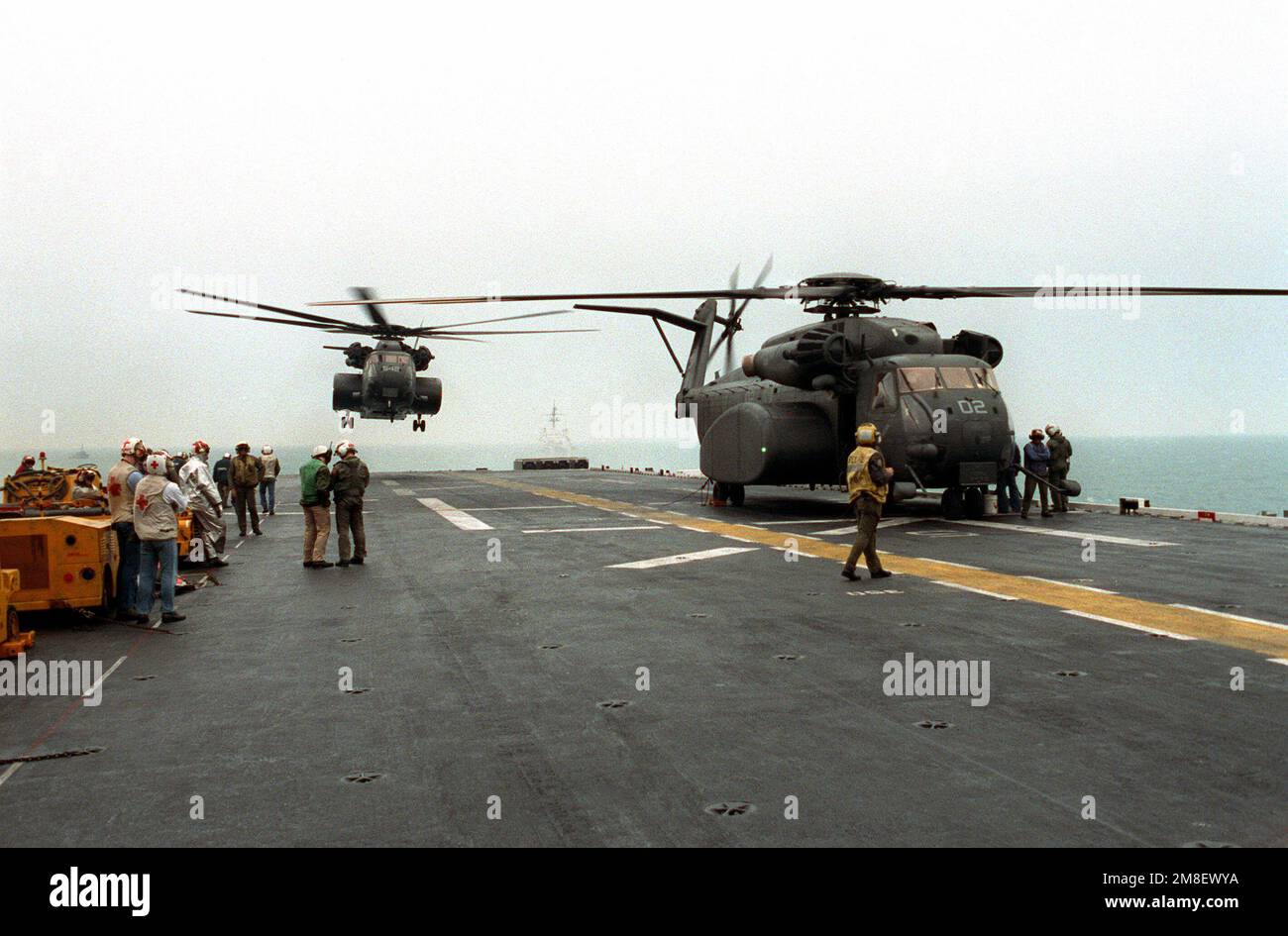 Gli equipaggi del ponte di volo si riuniscono intorno a un elicottero MH-53E Sea Dragon al minimo sul ponte di volo della nave d'assalto anfibio USS NEW ORLEANS (LPH-11) come un secondo elicottero Sea Dragon da Helicopter Mine Countermeasures Squadron 14 (HM-14) arriva per un atterraggio. La NEW ORLEANS serve come piattaforma per le operazioni di sminamento nel golfo dopo il cessate il fuoco che ha posto fine all'operazione Desert Storm. Soggetto operativo/Serie: DESERT STORM Paese: Sconosciuto Foto Stock