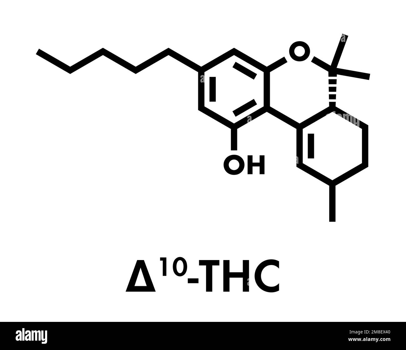 Molecola di Delta-10-tetraidrocannabinolo (D10-THC). Isomero di Delta-9-THC. Formula scheletrica. Illustrazione Vettoriale