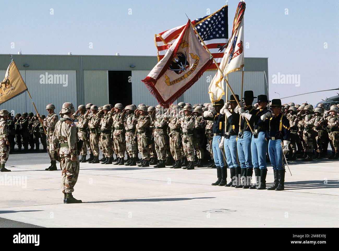 I membri della 1st Divisione Cavalleria salutano come loro guardia di colore, vestita in uniformi del 19th ° secolo, immerge i colori in onore del re dell'Arabia Saudita Fahd. Il re sta rivedendo le forze di coalizione che hanno preso parte all'operazione Desert Storm. Soggetto operativo/Serie: TEMPESTA DEL DESERTO Paese: Arabia Saudita (SAU) Foto Stock