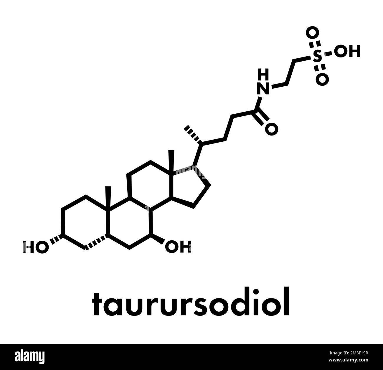 Molecola di farmaco di Taurursodiol. Noto anche come ursodoxicoltaurina e acido tauroursodesossicolico o TUDCA. Formula scheletrica. Illustrazione Vettoriale