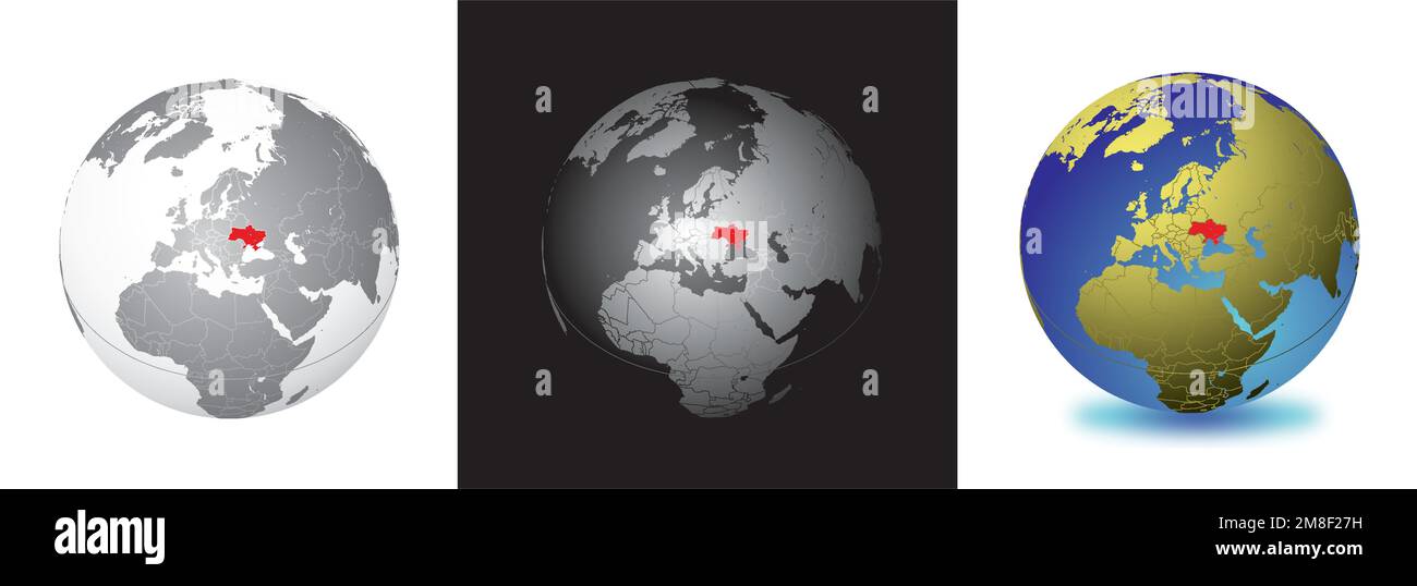 Insieme di globi della Terra che si concentrano sull'Ucraina (in rosso). Illustrazione Vettoriale