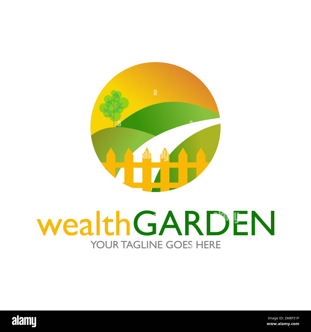 strada semplice e unica, paesaggio circostante, e recinzione in blocco cerchio grafico icona logo design astratto concetto vettore stock giardino o viaggio Illustrazione Vettoriale