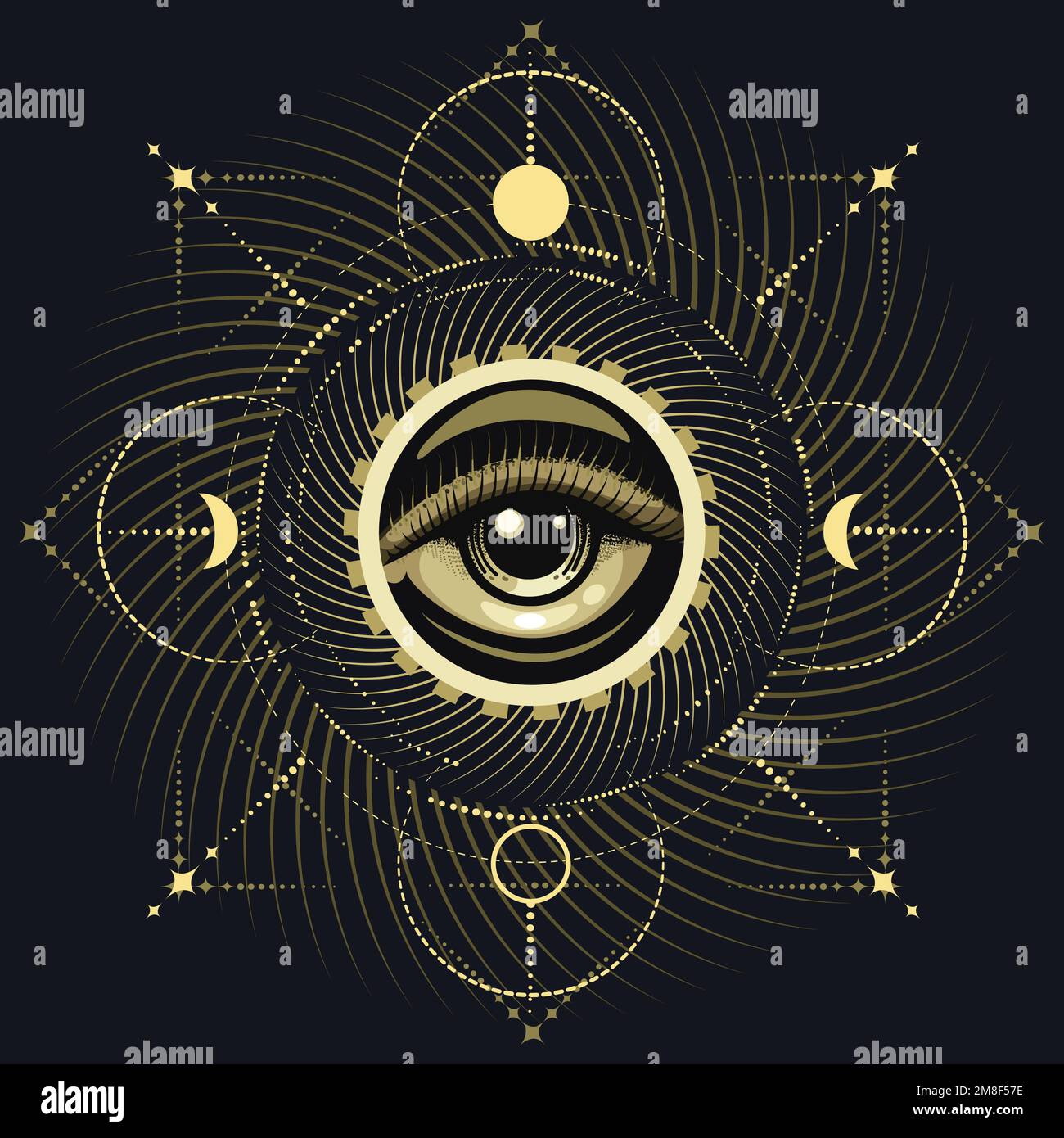 Emblema esoterico di LL Seeing Eye sulla geometria Sacra sfondo isolato su sfondo nero. Illustrazione vettoriale. Illustrazione Vettoriale