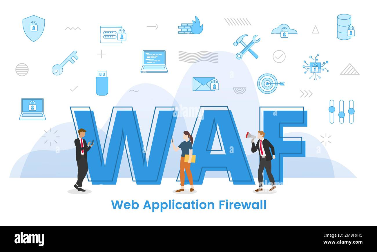 waf web application firewall concetto con grandi parole e persone circondate da icone correlate con colore blu stile vettore illustrazione Foto Stock
