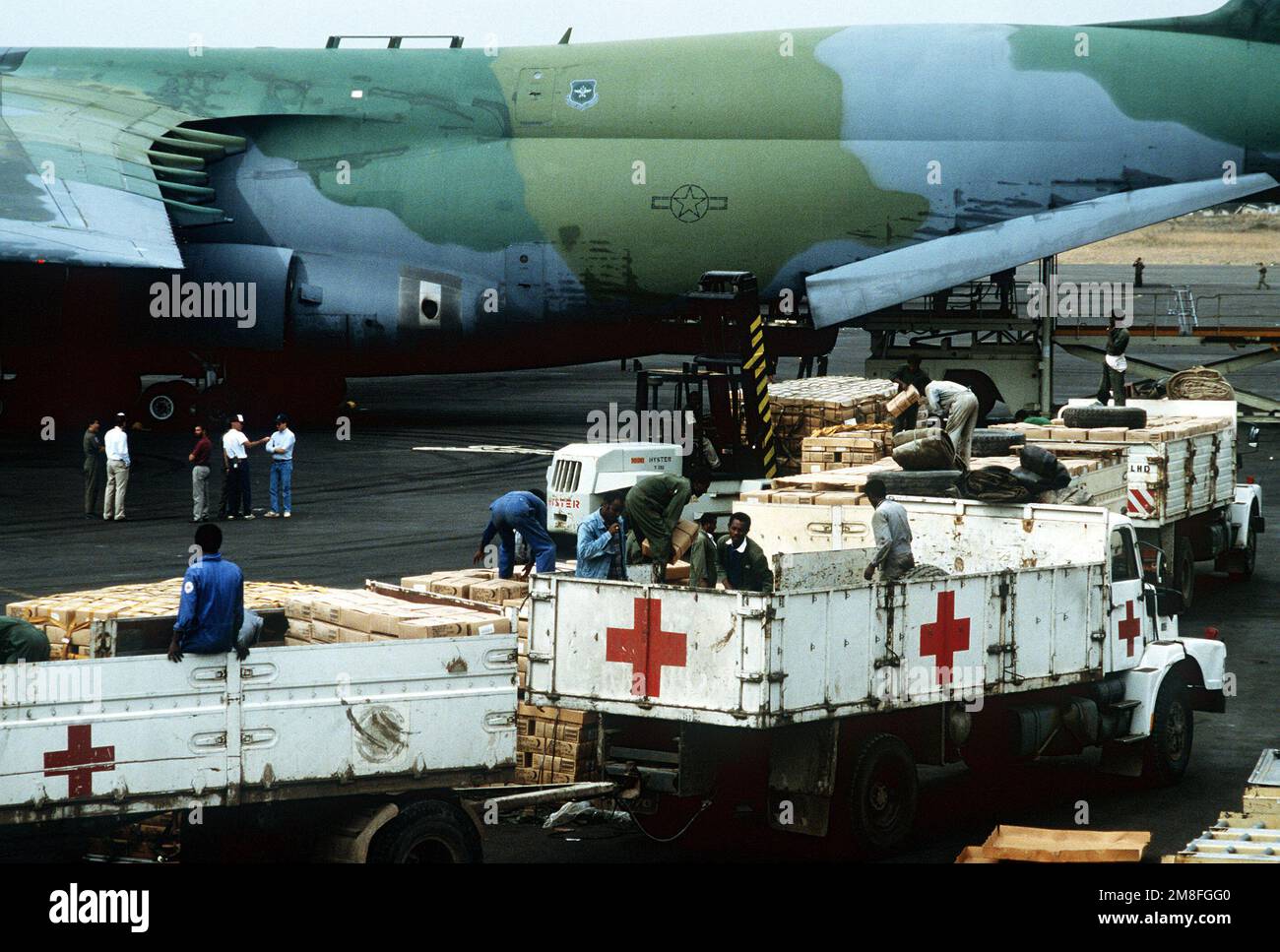 I lavoratori caricano scatole contenenti pasti pronti per mangiare (MREs) su un camion della Croce Rossa dopo che le forniture sono state consegnate in Etiopia dal comando militare di sollevamento aereo C-5A Galaxy. La Croce Rossa consegnerà le REM ai rifugiati che soffrono a causa dei disordini civili dell'Etiopia. Gli MREs sono forniture militari in eccesso e sono messi a disposizione dall'autorità del programma McCallum e del programma DOD Excess Property. Base: Addis Ababa Paese: Etiopia(ETH) Foto Stock