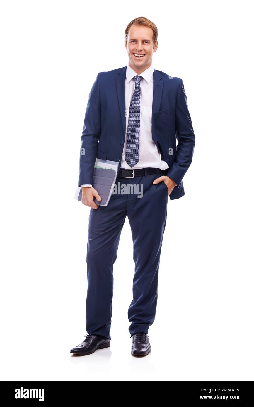 Ritratto, documenti e visione con un uomo d'affari in studio isolato su uno sfondo bianco per il successo aziendale. Finanza, missione e documentazione con Foto Stock