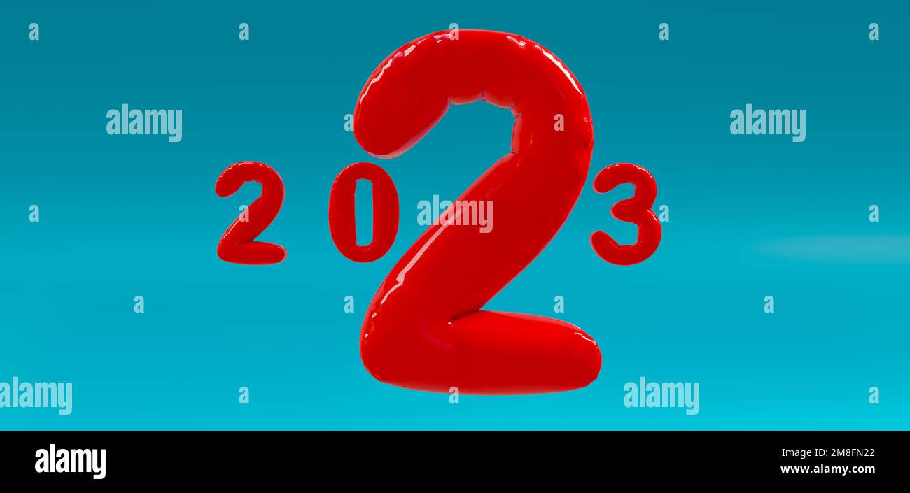 2023 elegante testo palloncini lettere su sfondo blu. 3d lavoro Foto Stock