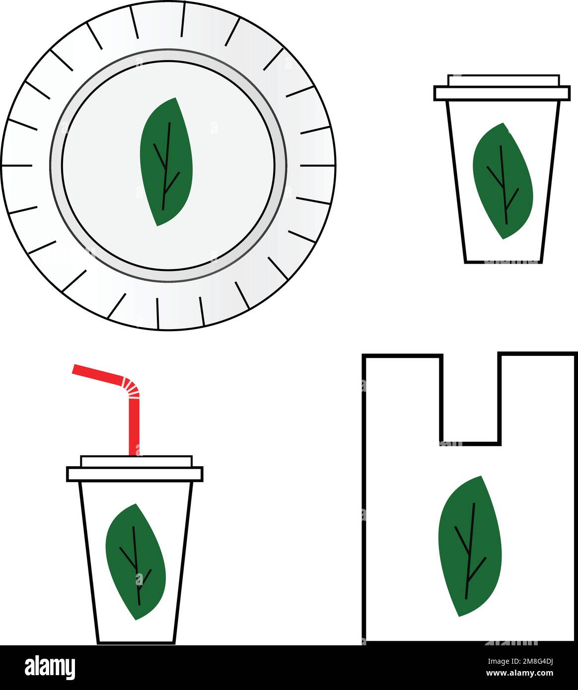 Piatto, bicchieri e borsa con una foglia verde su di loro, prodotti eco-friendly concetto Illustrazione Vettoriale