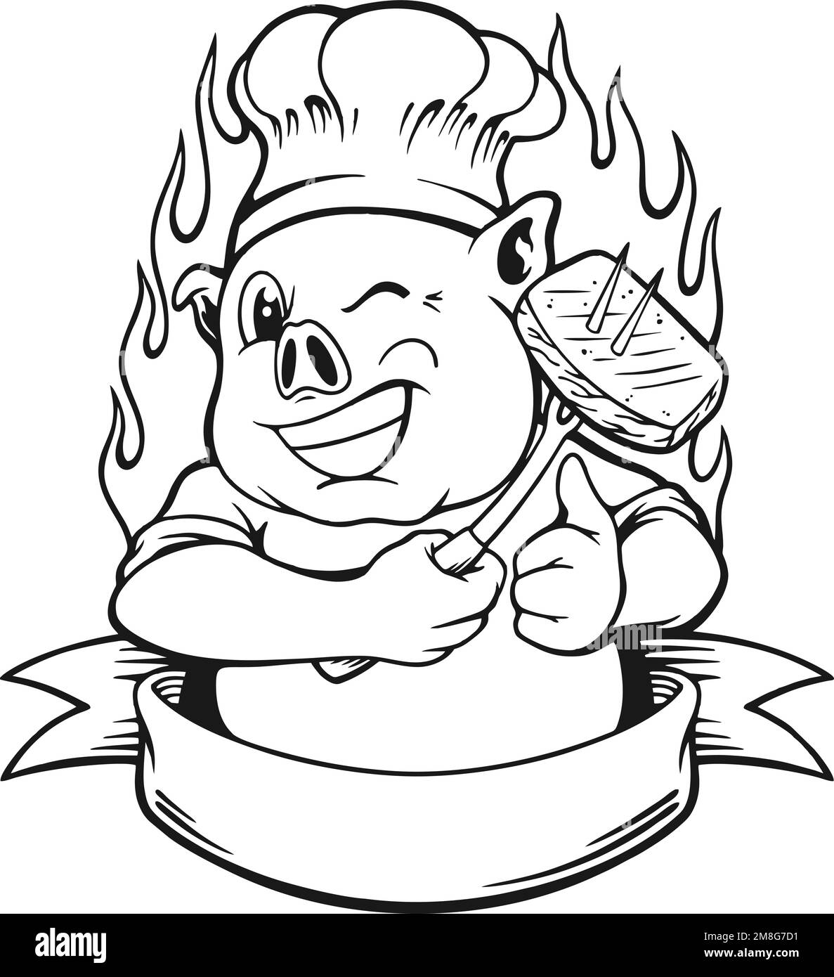Simpatico cuoco di maiale con banner a nastro logo monocromatico illustrazioni vettoriali per il vostro logo di lavoro, maglietta di merchandising, adesivi e disegni di etichette, poster Illustrazione Vettoriale