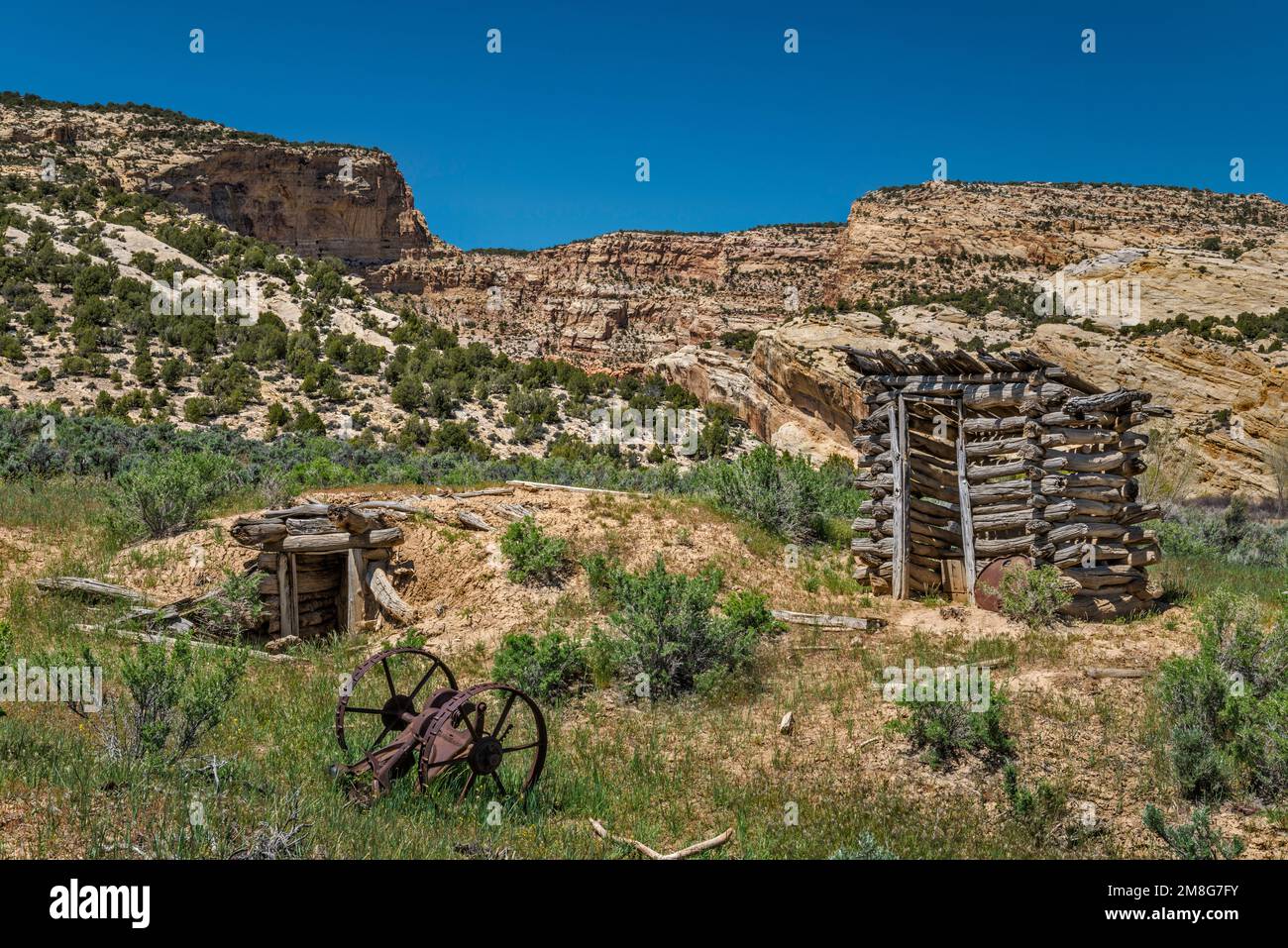 Old Dugout, privy on Steps Trail, resti di insediamento pionieristico, la zona di Steps, Deerlodge Park, Dinosaur National Monument, Colorado, STATI UNITI Foto Stock