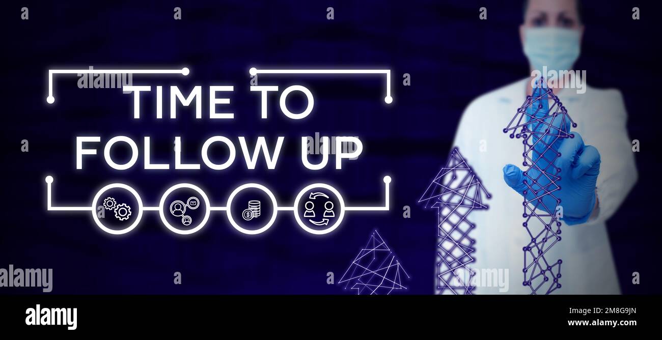 Didascalia di testo che presenta il tempo di follow-up, panoramica aziendale richiesta dell'attività precedente o continuazione delle informazioni Foto Stock