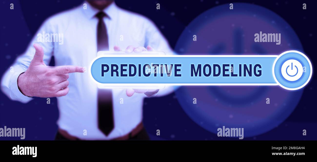 Scrittura con visualizzazione del testo Predictive Modeling (modellazione predittiva). Parola per la strategia di manutenzione basata sull'analisi predittiva Foto Stock