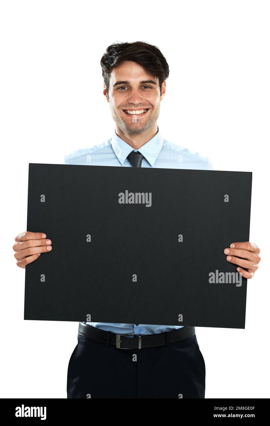 Cartello mockup, sorriso e ritratto di uomo d'affari con poster di marketing, banner pubblicitario o spazio di posizionamento del prodotto. Carta per affissioni mock up Foto Stock